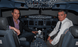 AAA CEO Stewart Cameron (right) and SimJET Managing Director Nicholas Kranenburg in the SimJET Boeing 737-800 simulator.